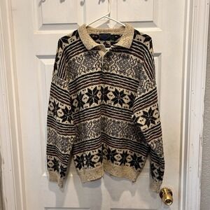 ETCHINGS Mens XL Fair Isle Snowflake Wool Blend Button Neck Sweater Vintage